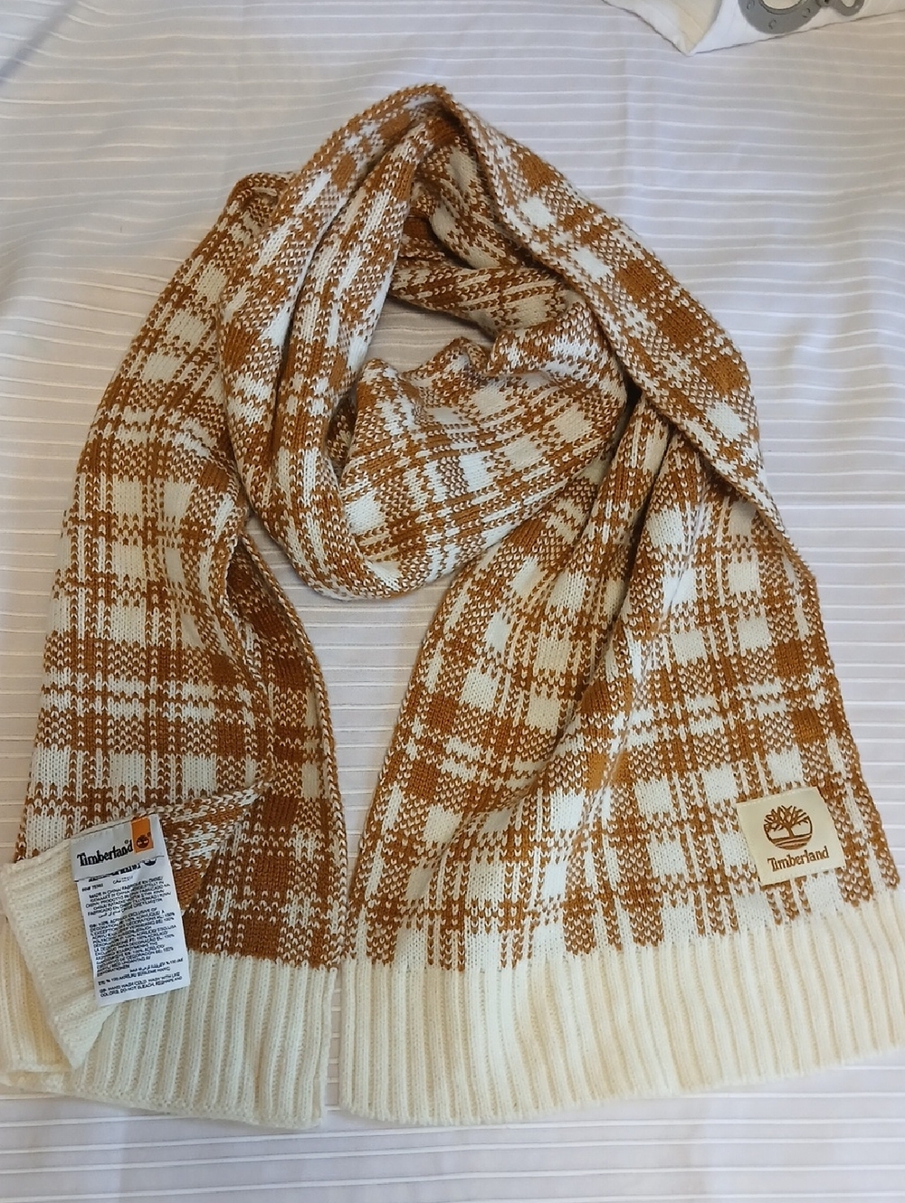 Timberland Tan and Cream Plaid Knit Scarf